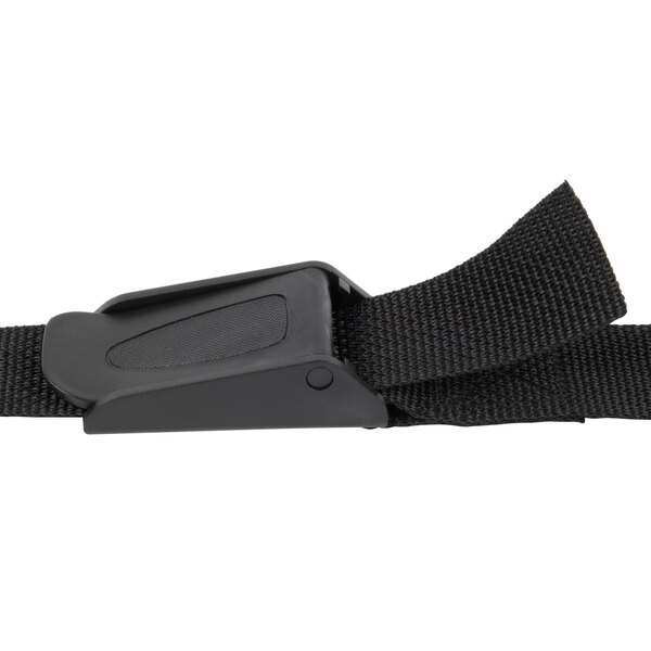 A close-up of a black National Public Seating dolly strap with a black clasp.