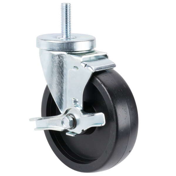 A black and silver Master-Bilt swivel stem caster wheel with a metal screw.