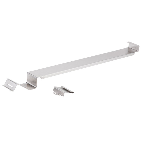 A stainless steel metal bar with two metal clips.