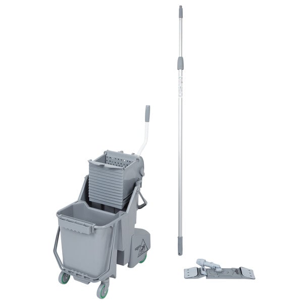 An Unger grey floor cleaning kit with a mop and bucket with a handle.