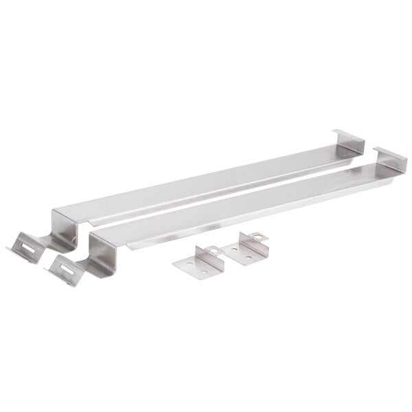 A pair of stainless steel brackets with screws.