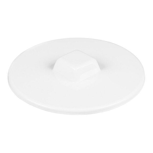 A white can cover with a raised square handle in the center.