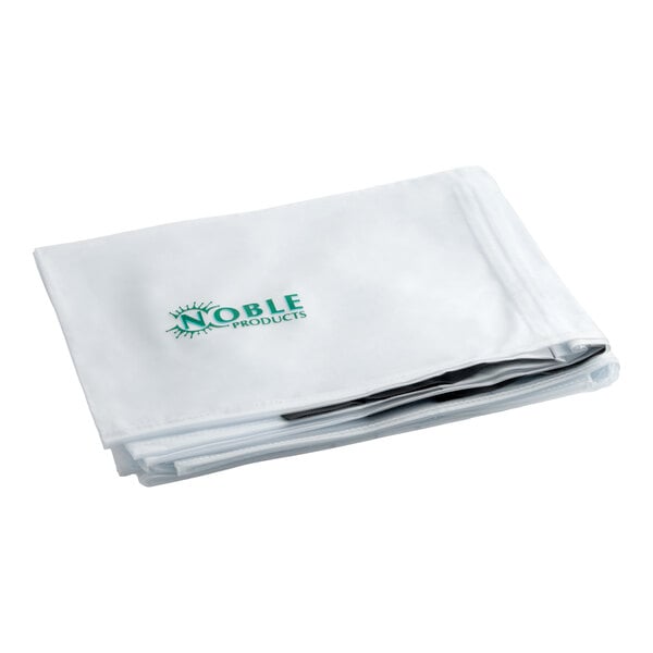 A folded translucent extra small vinyl dish dolly cover with the Noble Products logo printed on it.