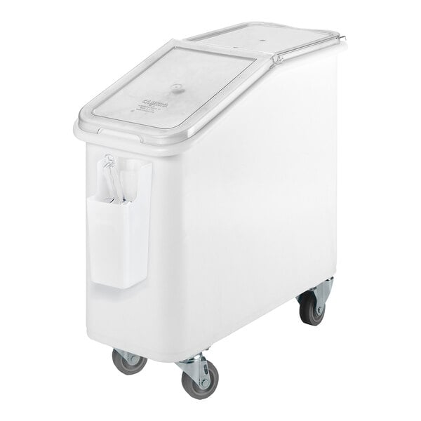 A white Cambro ingredient storage bin with wheels and a clear lid.