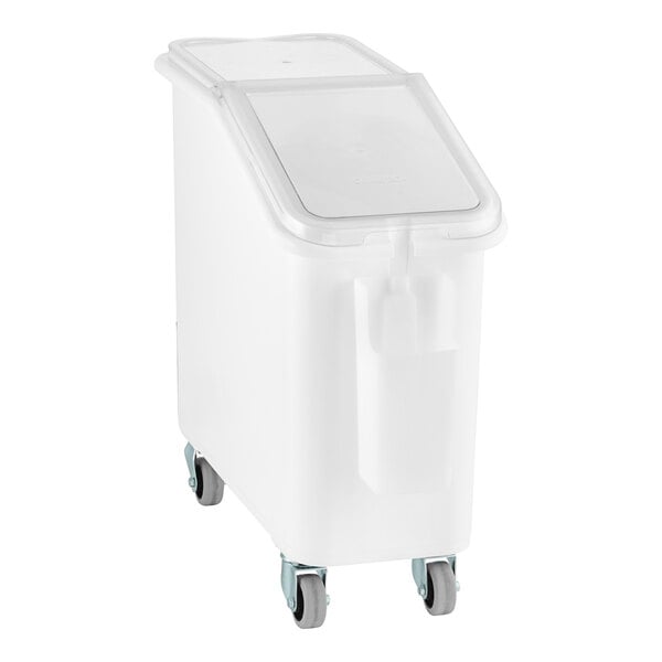 A white plastic bin with wheels and a lid.