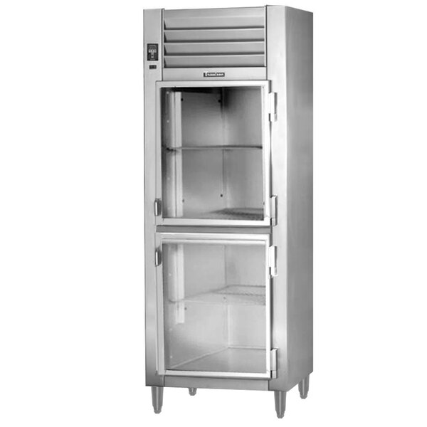 A stainless steel Traulsen reach-in refrigerator with glass doors.