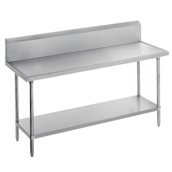 An Advance Tabco stainless steel work table with undershelf and backsplash on a counter.