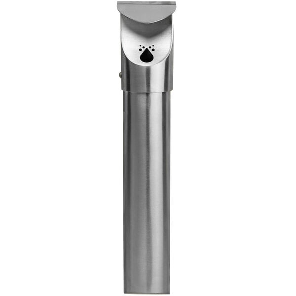 A close-up of a stainless steel wall-mounted cigarette receptacle with a leaf design.