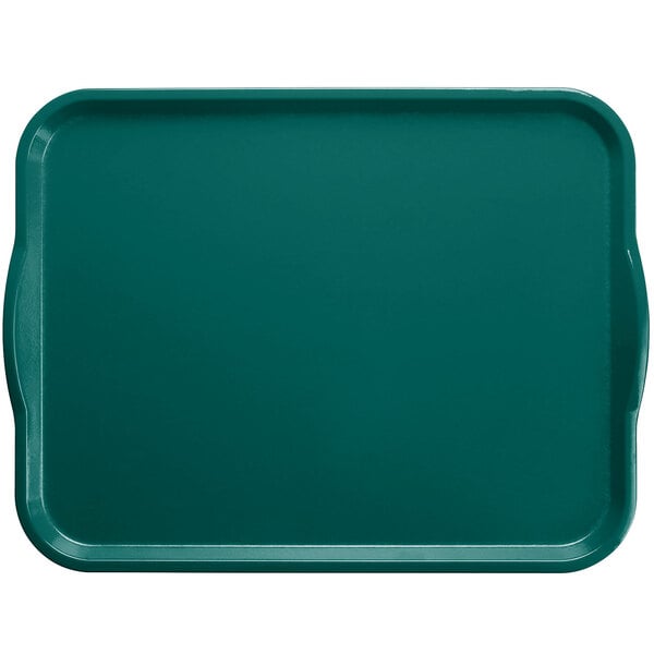 A teal Cambro rectangular cafeteria tray with handles.