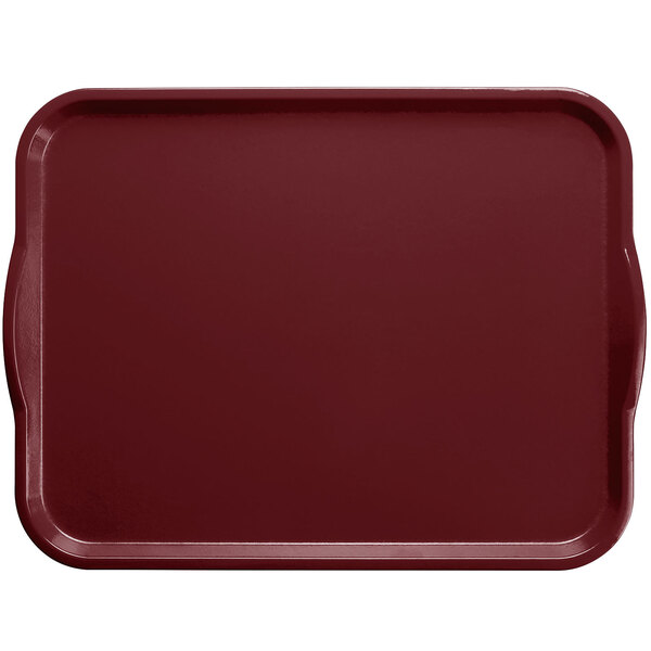 A burgundy rectangular Cambro tray with white handles.