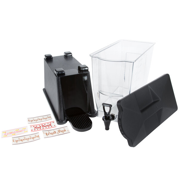 A black rectangular Carlisle plastic beverage dispenser with a plastic lid.