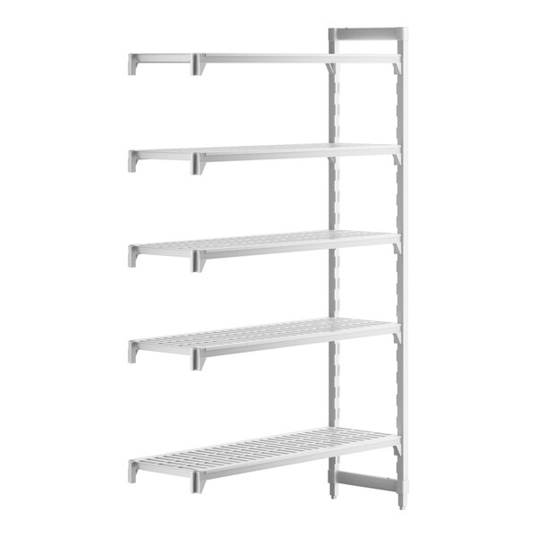 A white plastic Cambro Camshelving® Premium add on unit with four shelves.