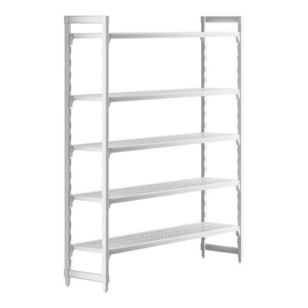 A white Cambro Camshelving Premium shelving unit with 5 shelves.