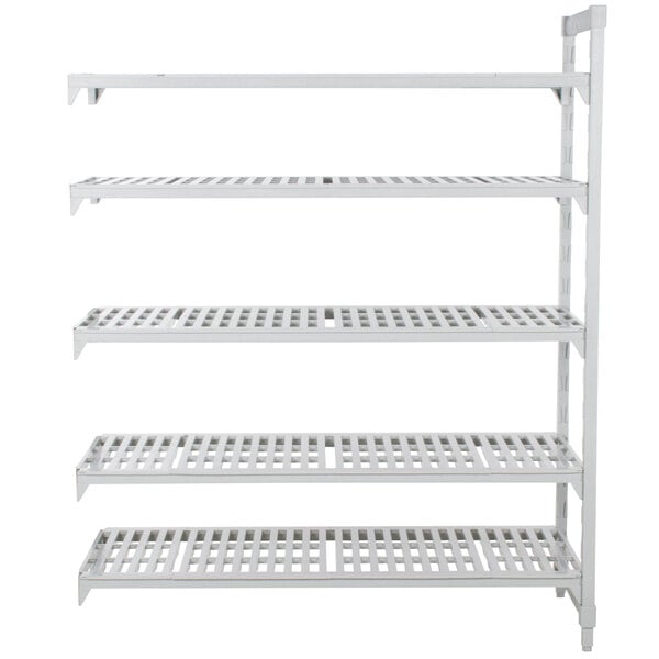 A white metal Cambro Camshelving Premium add on unit with four shelves.