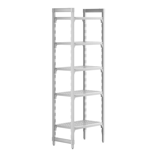 A grey plastic Cambro Camshelving® Premium shelving unit with 5 vented shelves.