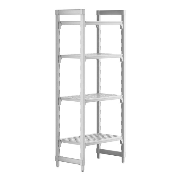 A white Cambro Premium Camshelving unit with 4 shelves.