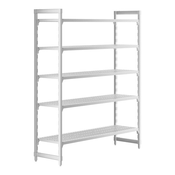 A white Cambro Camshelving® Premium shelving unit with 5 vented shelves.