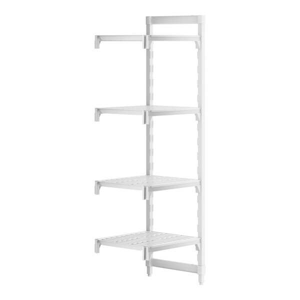 A white Cambro Camshelving Premium add on unit with four shelves.