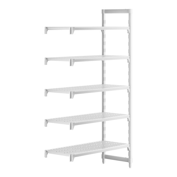 A white plastic Cambro Camshelving Premium add on unit with four shelves.
