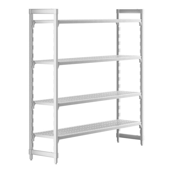 A white metal Cambro Camshelving® Premium shelving unit with four shelves.
