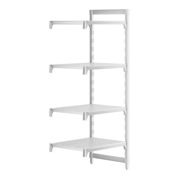 A white Cambro Camshelving® Premium Add On unit with 4 vented shelves.