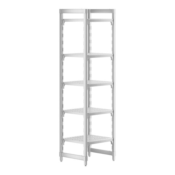 A white plastic Cambro Camshelving Premium unit with 5 vented shelves.