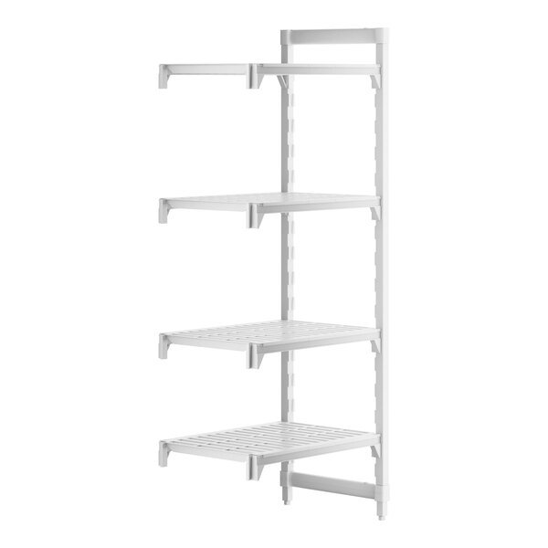 A white Cambro Camshelving® Premium 4 shelf unit.