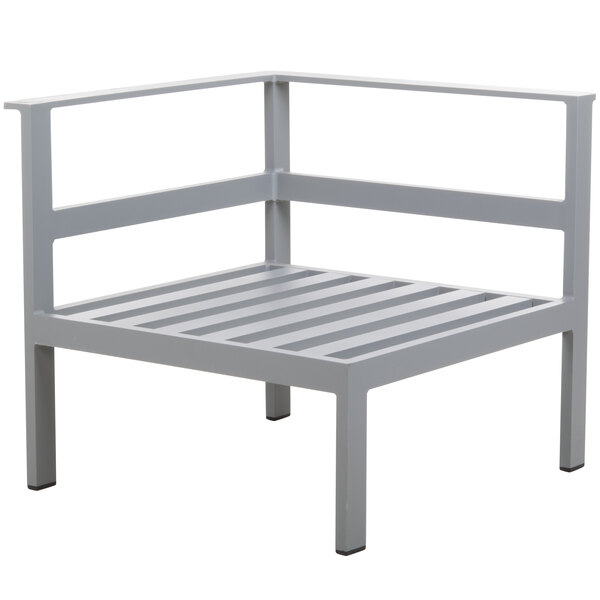 A white metal BFM Seating outdoor armchair with slat design and left armrest.