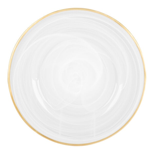 A round white plate with a subtle swirl pattern and a gold rim.