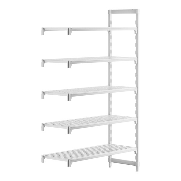 A white plastic Cambro Camshelving® Premium add on unit with 4 vented shelves.