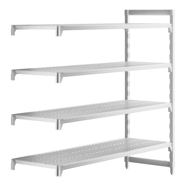 A white Cambro camshelving add on unit with four shelves.
