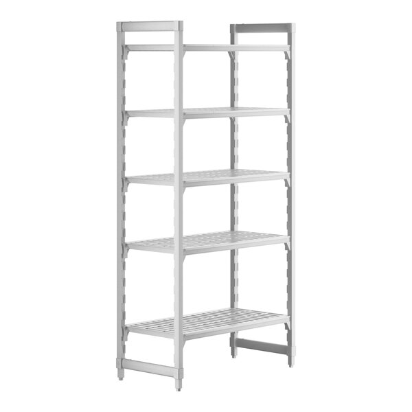 A white plastic Cambro Camshelving Premium unit with 5 vented shelves.