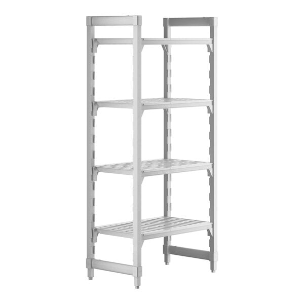 A white plastic Cambro Camshelving® Premium shelving unit with 4 vented shelves.