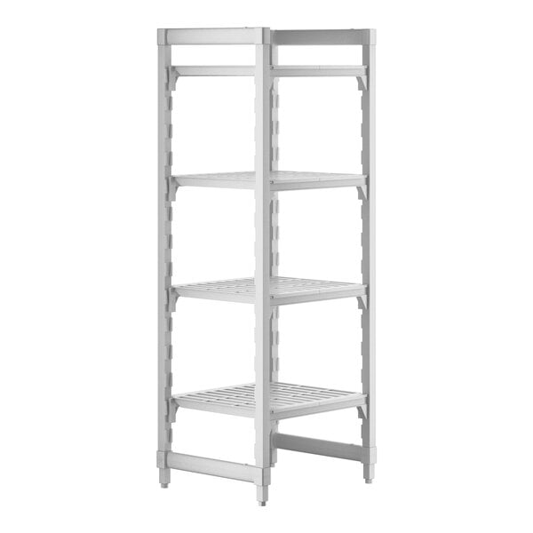 A white plastic Cambro Camshelving Premium unit with 4 shelves.