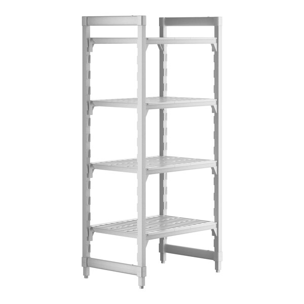A white plastic Cambro Premium shelving unit with four vented shelves.