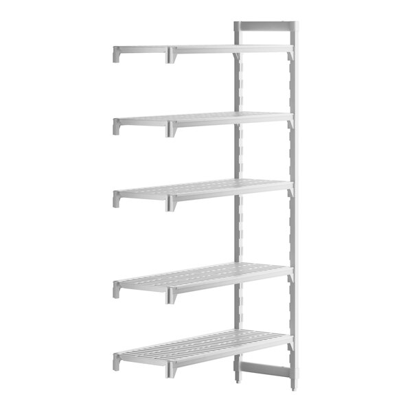 A white plastic Cambro Camshelving Premium add on unit with 4 vented shelves.