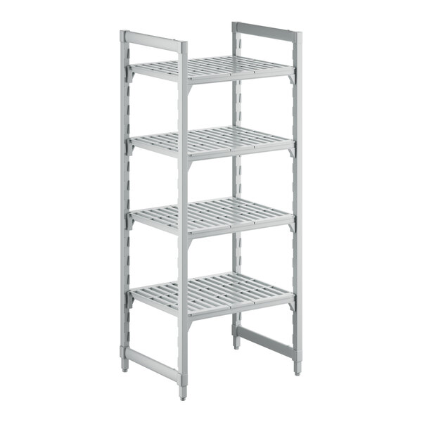 A white plastic Cambro shelving unit with 4 vented shelves.