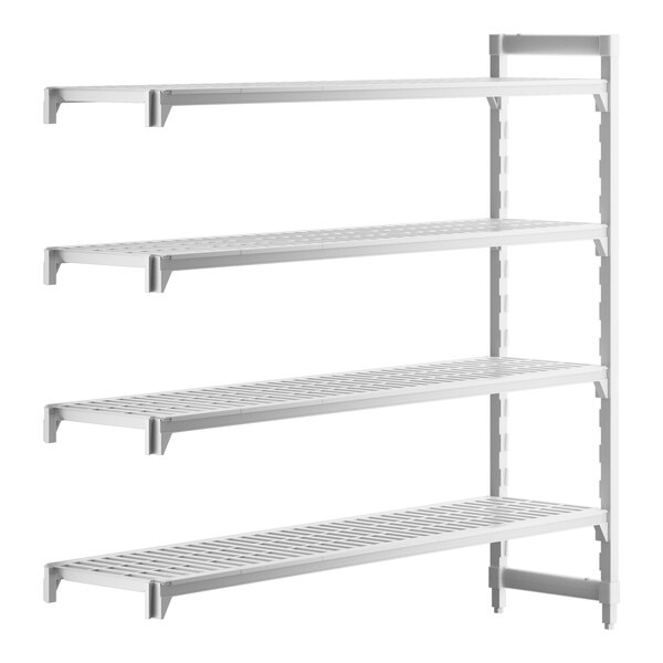 A white Cambro Camshelving Premium add on unit with four shelves.