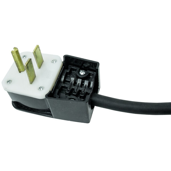 A close-up of a black and white plug with a white plastic connector.