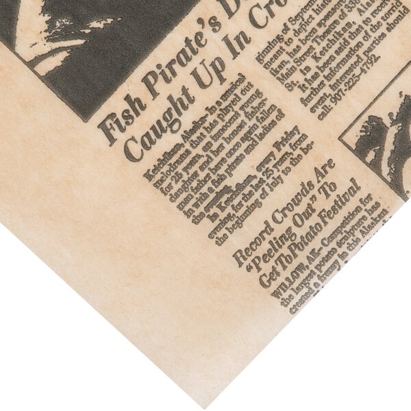 American Metalcraft newspaper deli wrap paper with a newspaper print of a pirate.