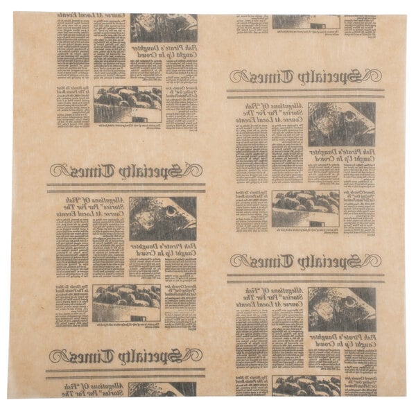 American Metalcraft newspaper print deli wrap paper with black text.