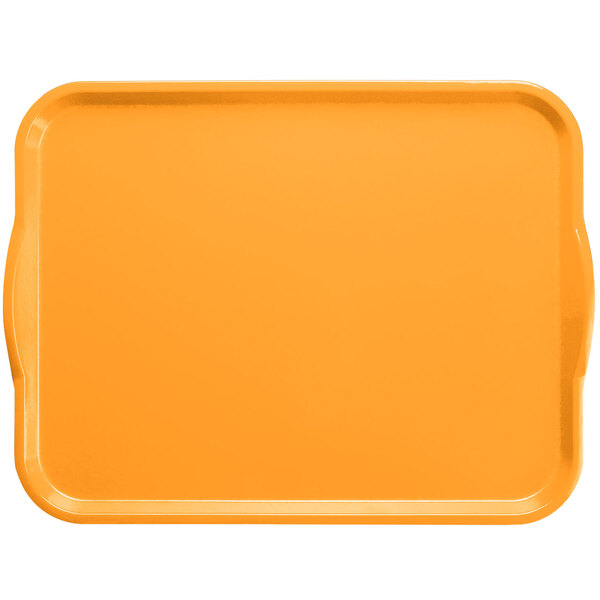 A mustard rectangular Cambro fiberglass tray with handles.