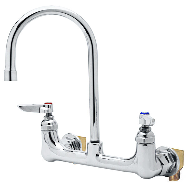 A silver T&S wall mount faucet with 2 handles.