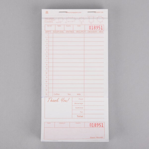 A white receipt with red lines and a white bottom guest receipt.