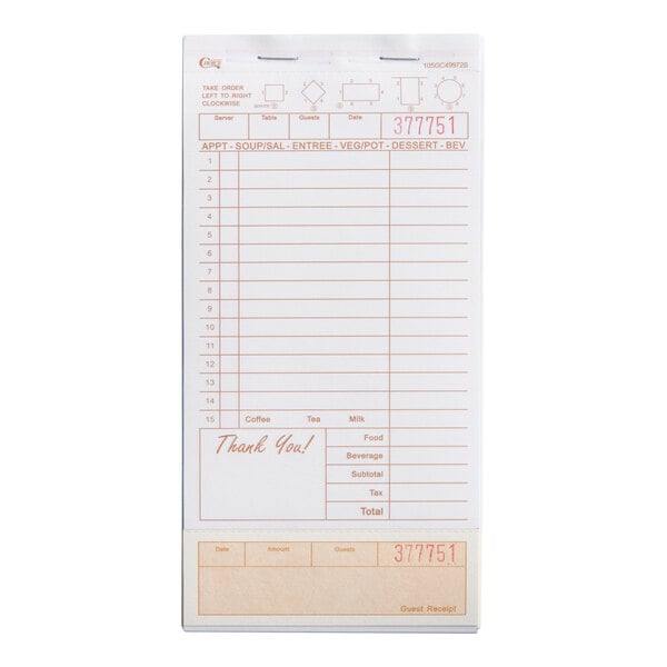 Choice 2 Part Tan and White Carbonless Guest Check with Bottom Guest Receipt   - 5/Pack
