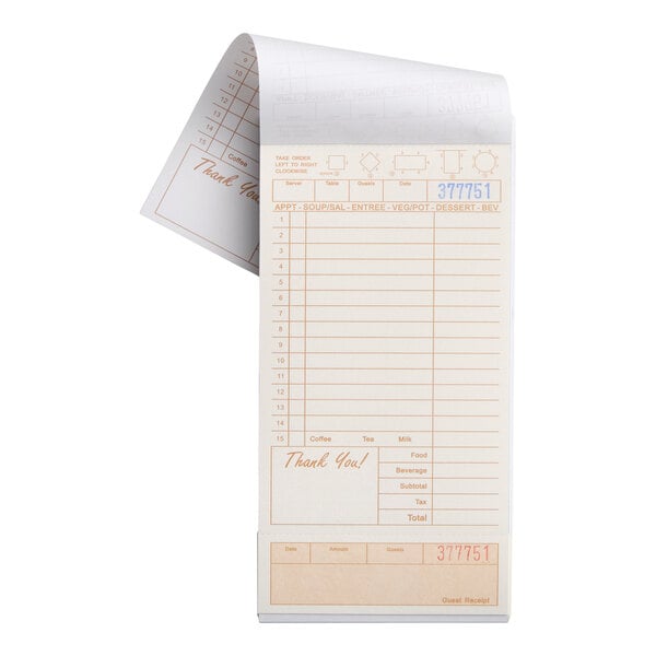 Choice 2 Part Tan and White Carbonless Guest Check with Bottom Guest Receipt   - 5/Pack