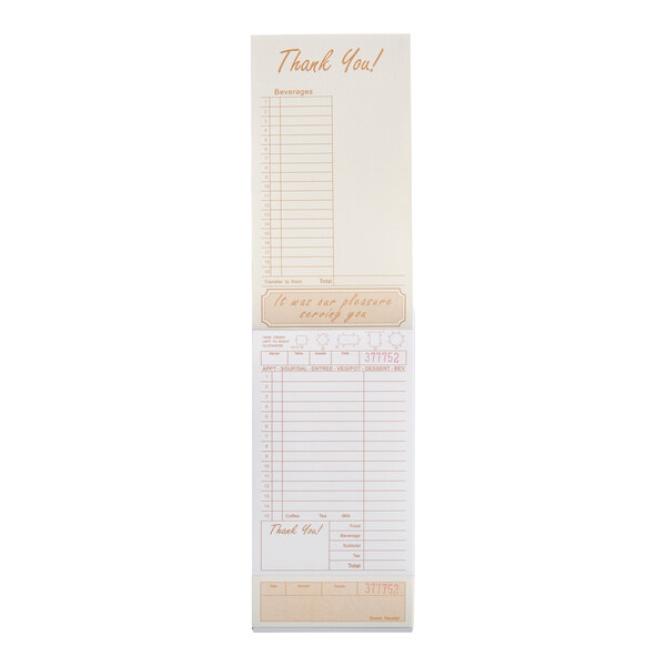 Choice 2 Part Tan and White Carbonless Guest Check with Bottom Guest Receipt   - 5/Pack