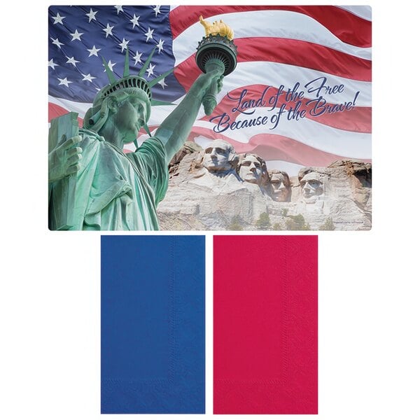 A Hoffmaster placemat with a red and blue Land of the Free design featuring the Statue of Liberty in front of a flag.