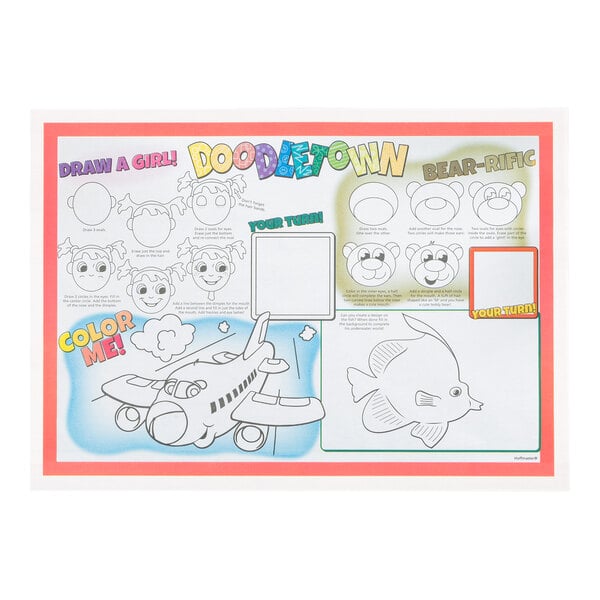A colorful, double-sided interactive placemat featuring drawing instructions, coloring sections, and cartoon illustrations of a girl, a bear, an airplane, and a fish.