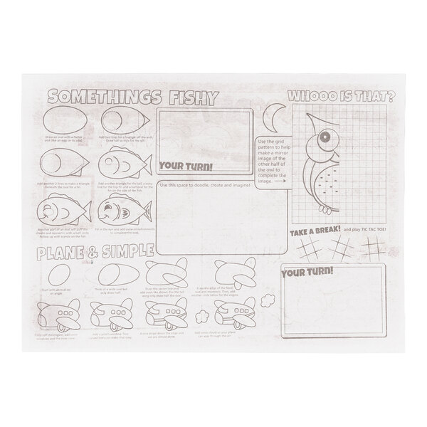 A children's activity placemat featuring drawing tutorials, doodle spaces, a grid drawing activity, and a tic-tac-toe game.